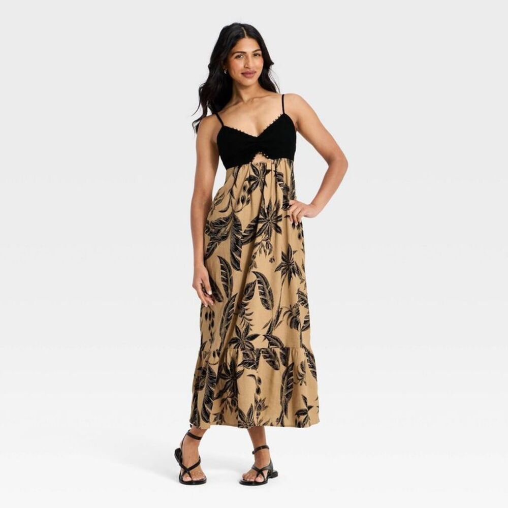 a new day Black and Tan Strapless Maxi Dress with Botanical Print